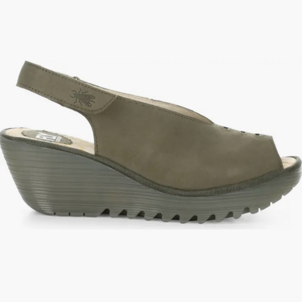 FLY LONDON Women’s Khaki Cupido Yeay Peep Toe Sandal Size 40 / US 9/9.5